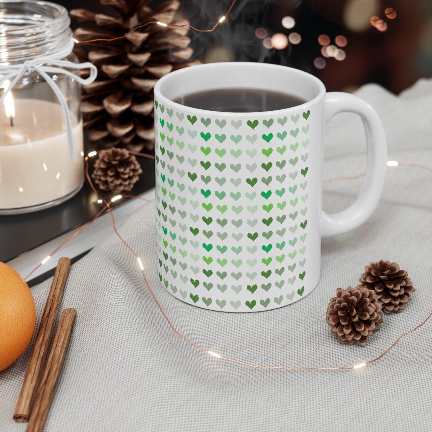 Green Hearts Ceramic Mug, 11oz