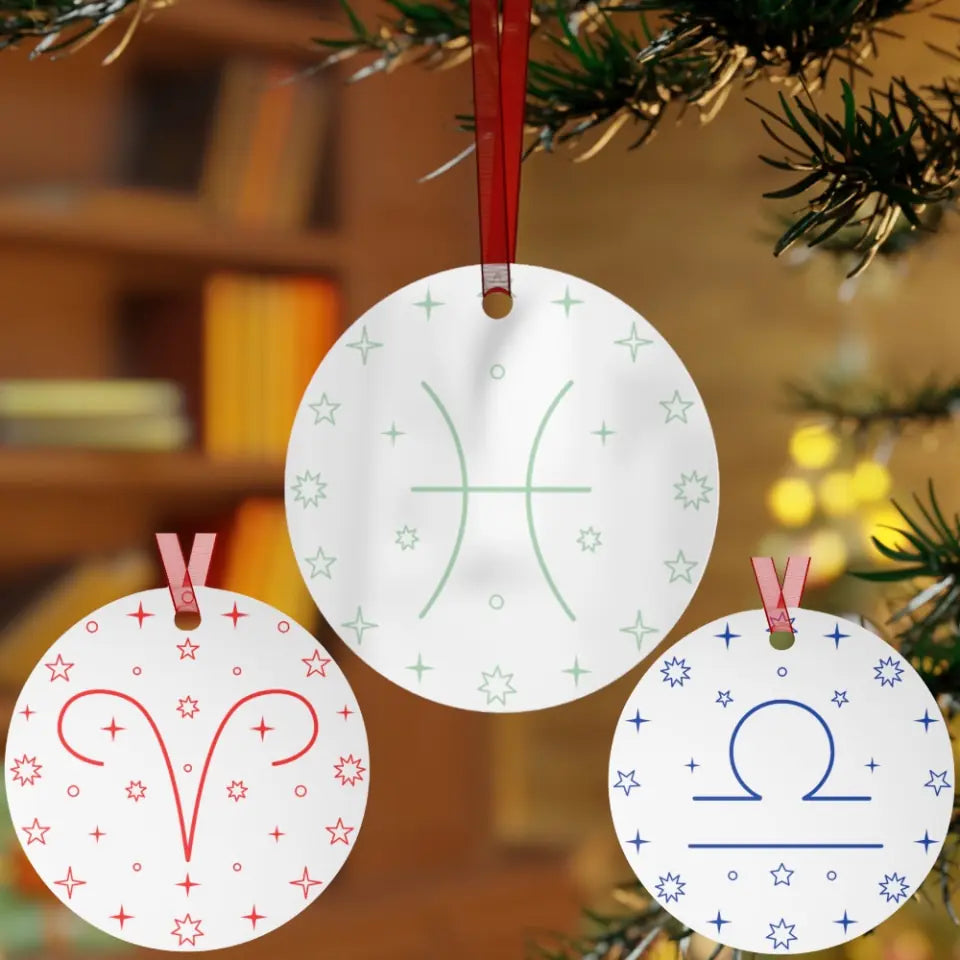 Customizable Zodiac Metal Ornament with Ribbon