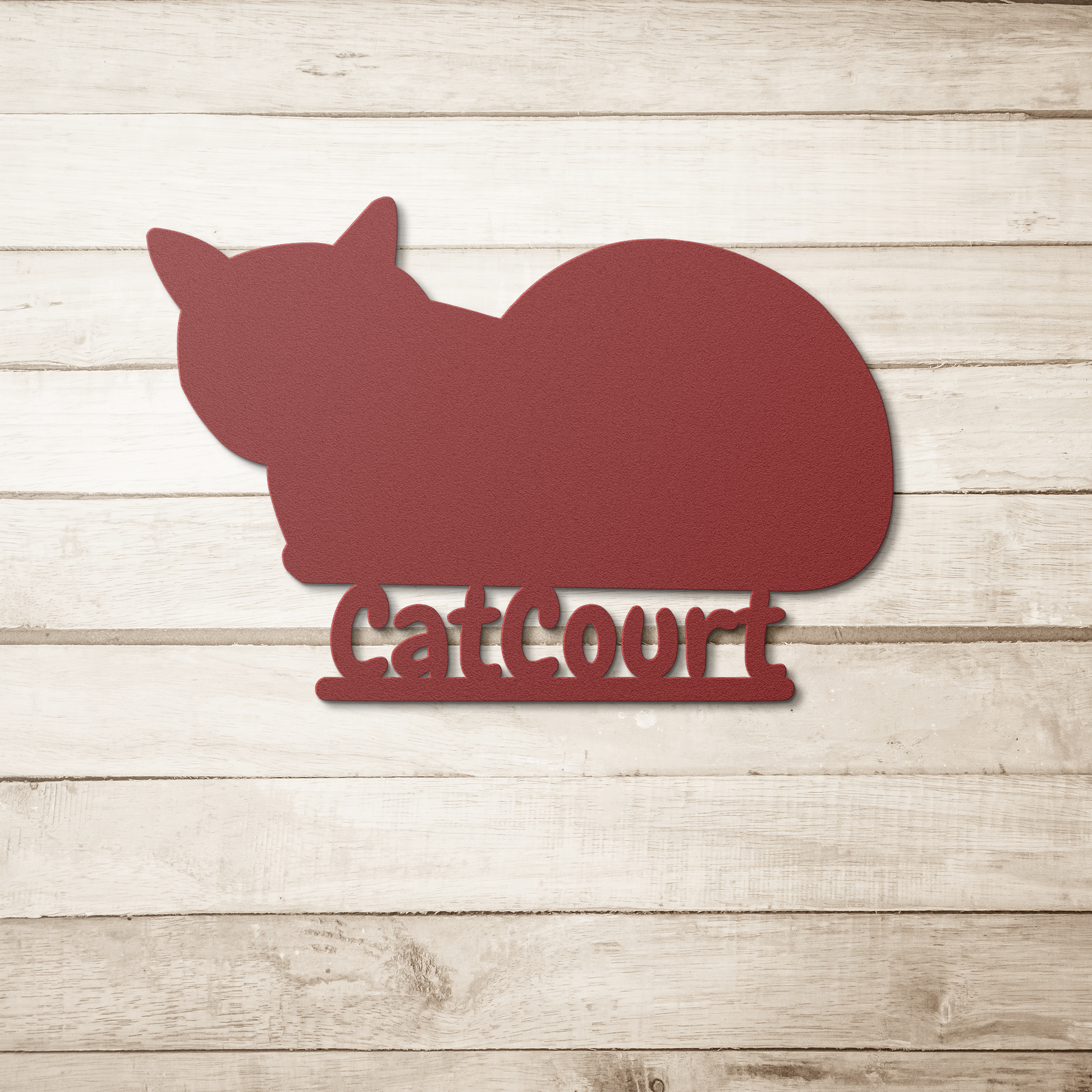 Cat_Court_Metal_Sign_Red_Simple_Wood_BKGD_Mockup.png
